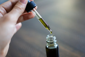 A hand is holding onto the a dropper cap, allowing green serum to drip from the dropper into a small bottle